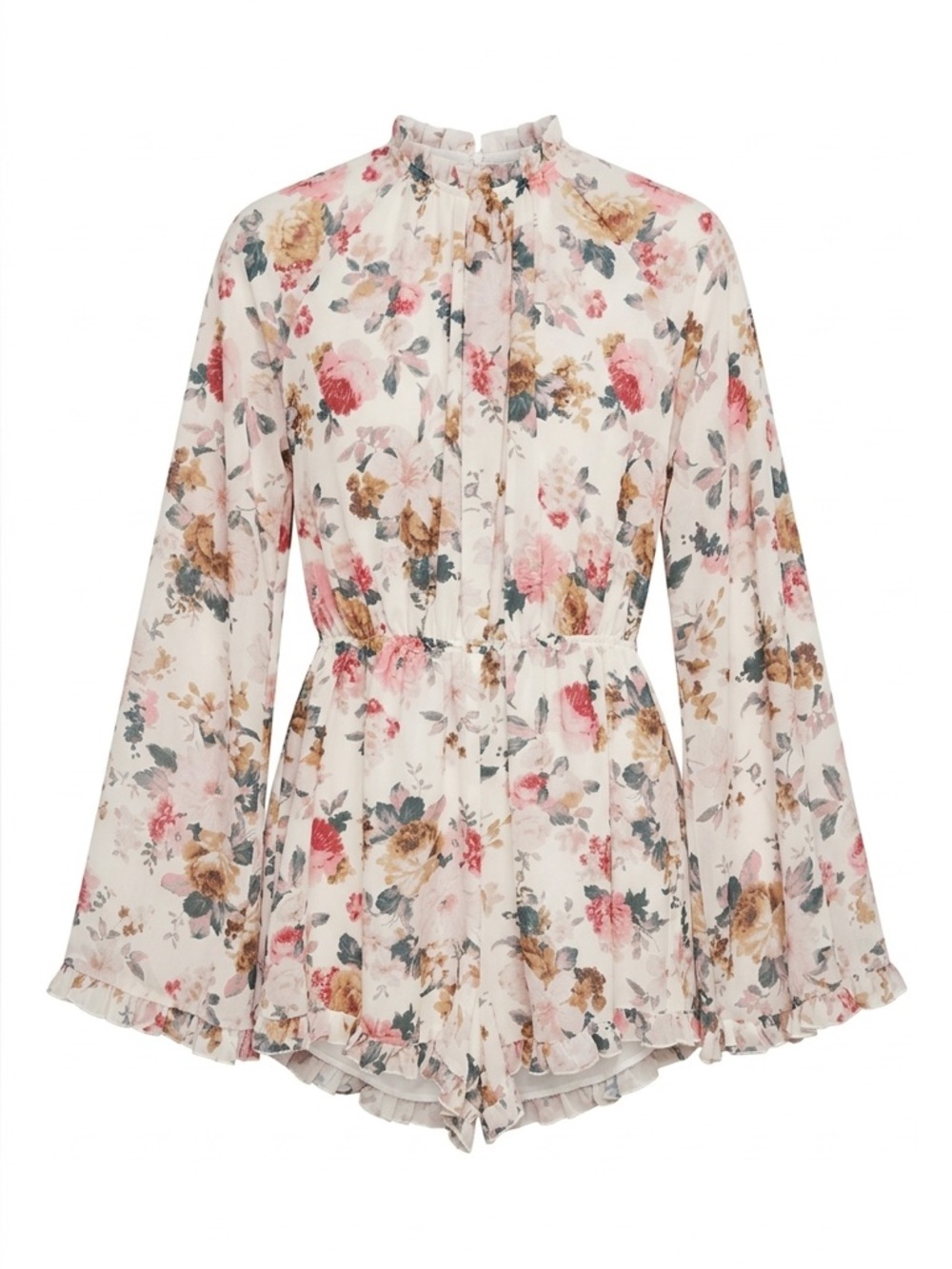 Floral Boho Bell Sleeve Romper Sheer Lined Large - Picture 3 of 7